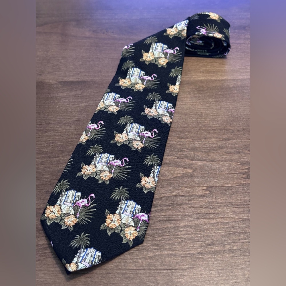 Tropical by Tango Flamingo Palm Tree Patterned Black 100% Silk Tie